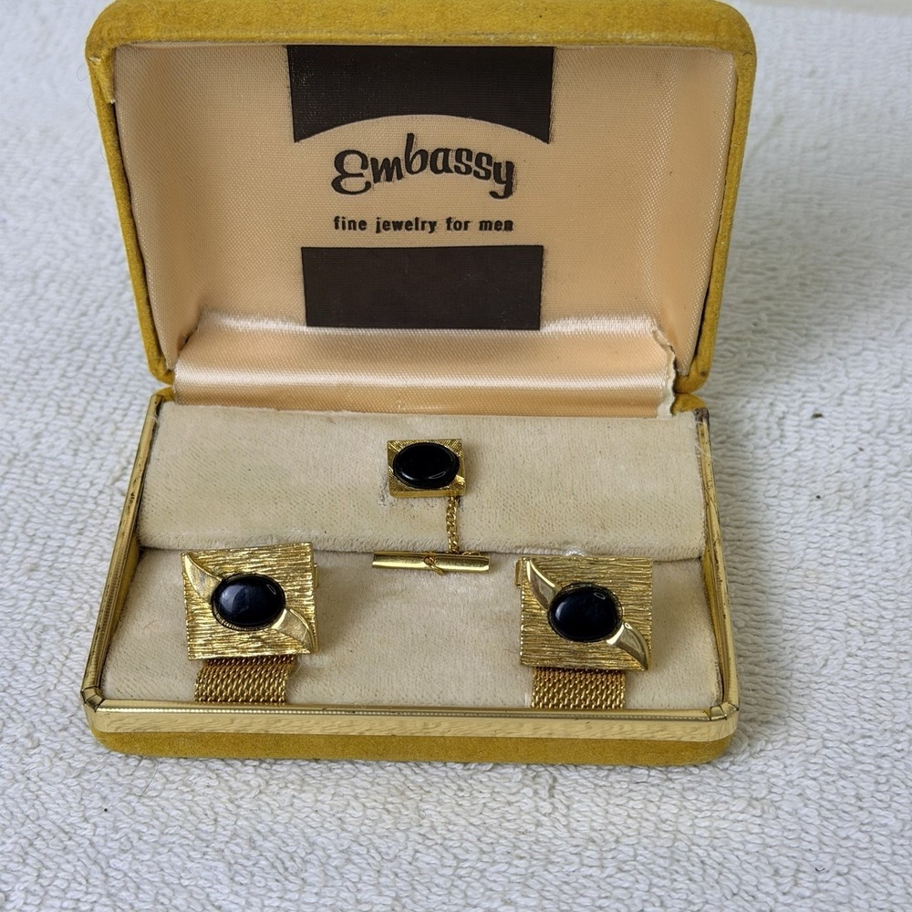 Embassy Men Gold Tone Cufflinks and Tie Tac Set in Original Box Formal Church